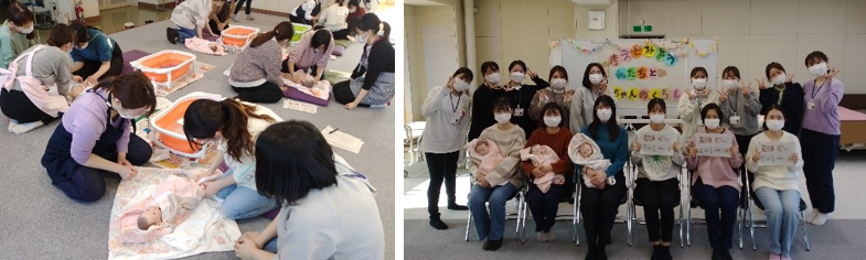 沐浴指導、記念撮影の写真