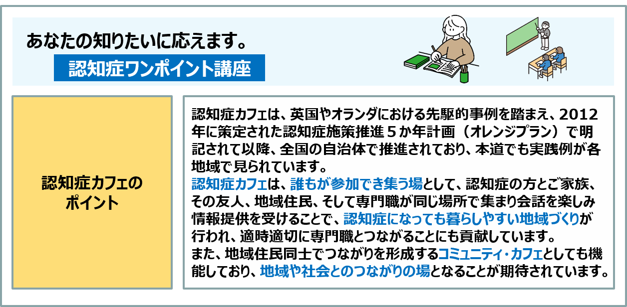 コラム：認知症カフェは英国やオランダにおける先駆的事例を踏まえ、2012年に策定された認知症施策5カ年計画（オレンジプラン）で明記されて以降、全国の自治体で推進されています。