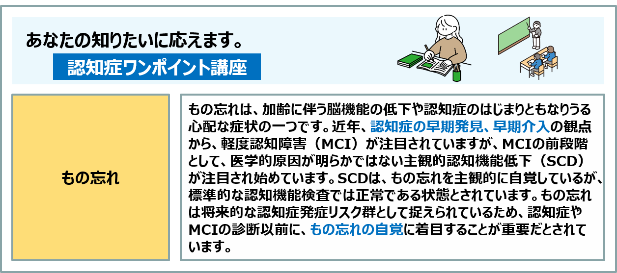 コラム：MCIの前段階、主観的認知機能低下（SCD)は、もの忘れを主観的に自覚しているが、標準的な認知機能検査では正常である状態とされています。もの忘れは将来的な認知症発症リスク群として捉えられているため、認知症やMCIの診断以前に、もの忘れの自覚に着目することが重要だとされています。
